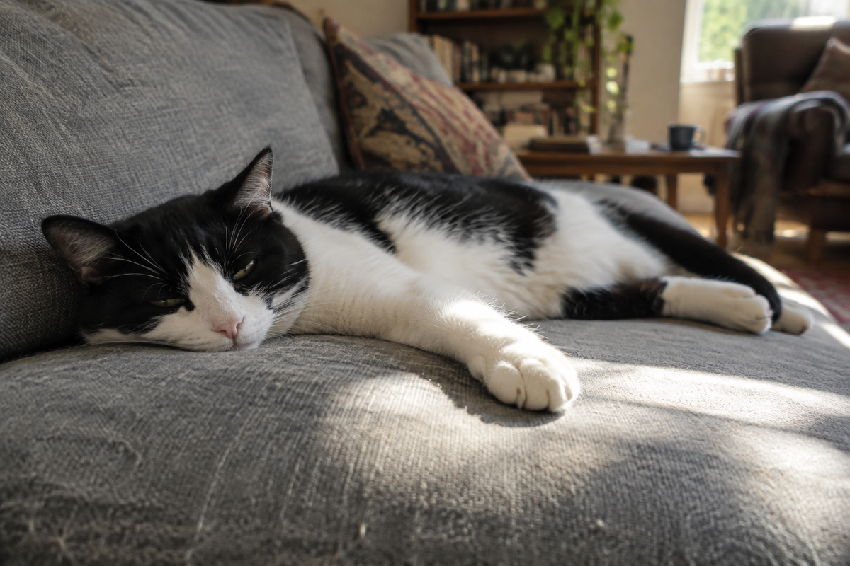 Black and white cat stretched out on a sunny couch cushion